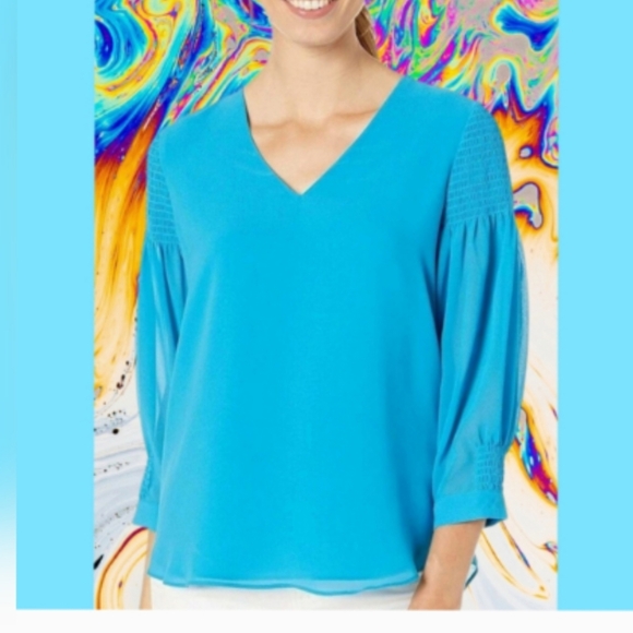 Calvin Klein Tops - CALVIN KLEIN BLUE V-NECK DESIGNER BLOUSE SIZE XL